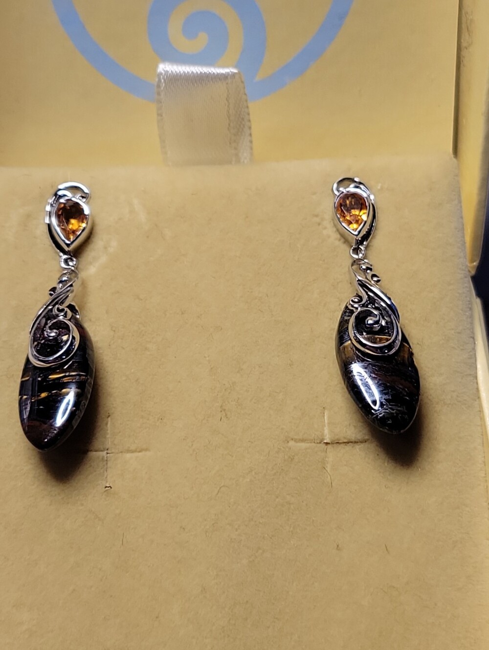 NIB Sajen Silver Citrine and Tigers Eye Scroll Drop Earrings In original Box.